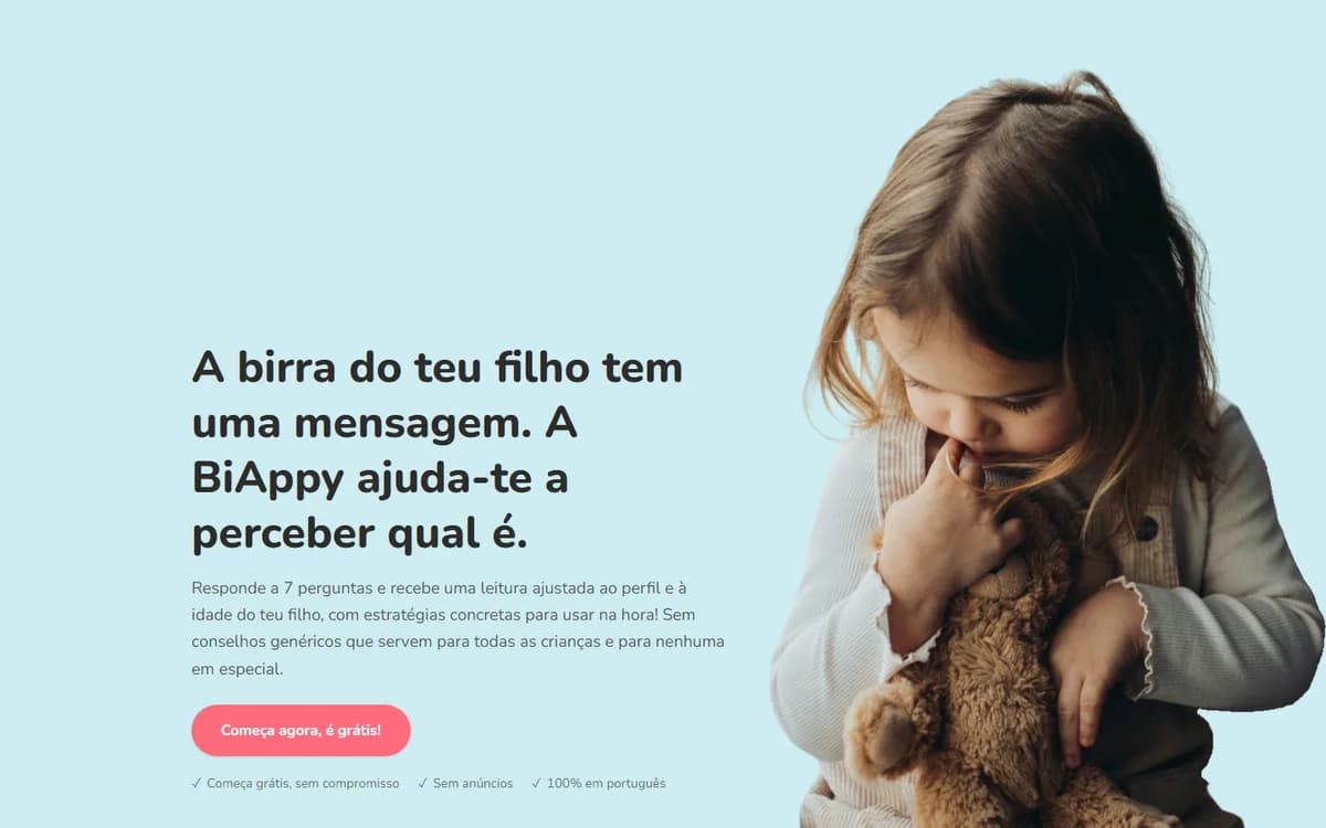 Landing page da BiAppy, da Educar LeveMente, com o título «A birra do teu filho tem uma mensagem»