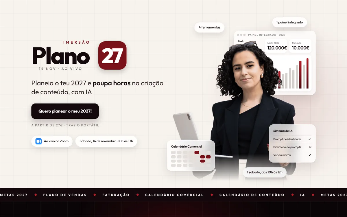 Landing page da Imersão Plano 27, de Ana Ferreira, com o título «Planeia o teu 2027 e poupa horas na criação de conteúdo, com IA» e o painel integrado
