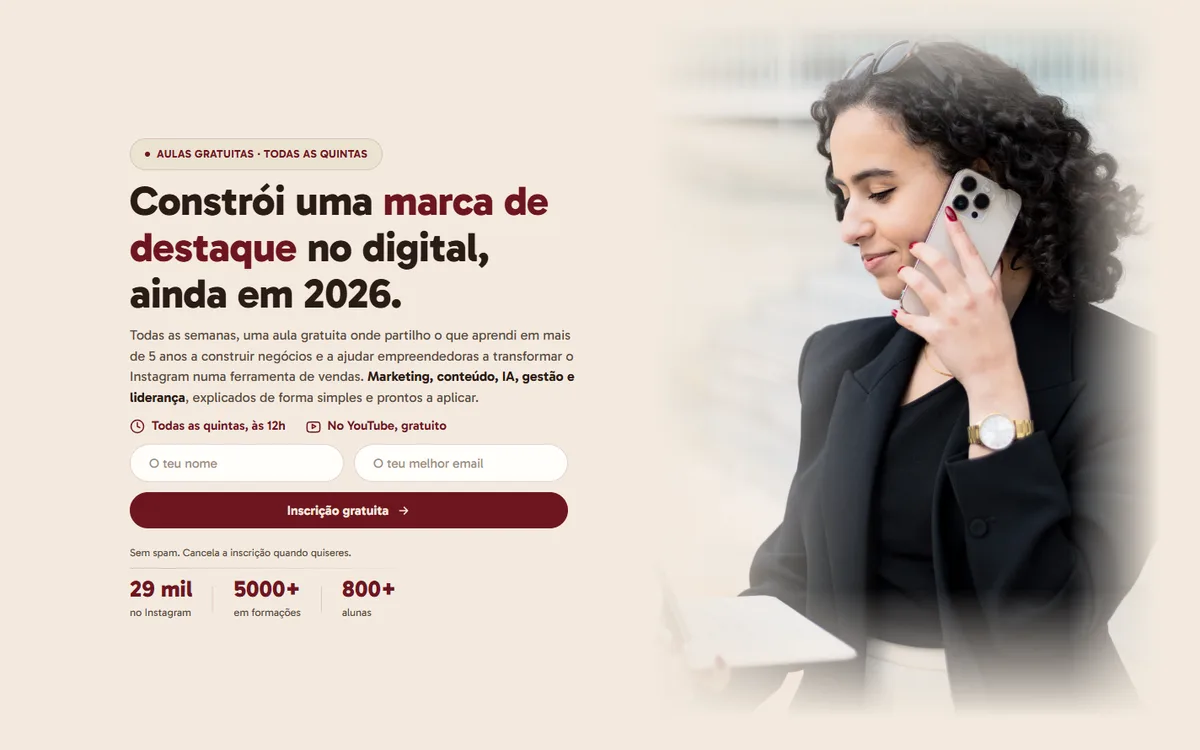 Ana Ferreira's free classes landing page, headed "Build a standout brand online, still in 2026", with the sign-up form