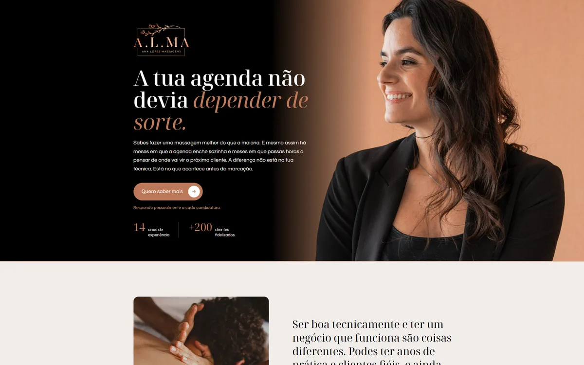 Landing page for the A.G.E.N.D.A. Method by Ana Lopes Massagens, headed "Your diary shouldn't depend on luck"